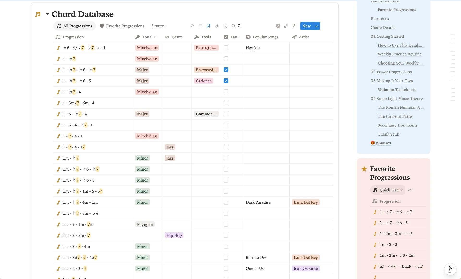 Harmony Vault Notion database — All Progressions table view